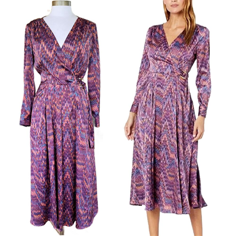 TAHARI Tie Front Long Sleeve V-Neck Satin Midi Shirtdress Size 8 Purple Multi